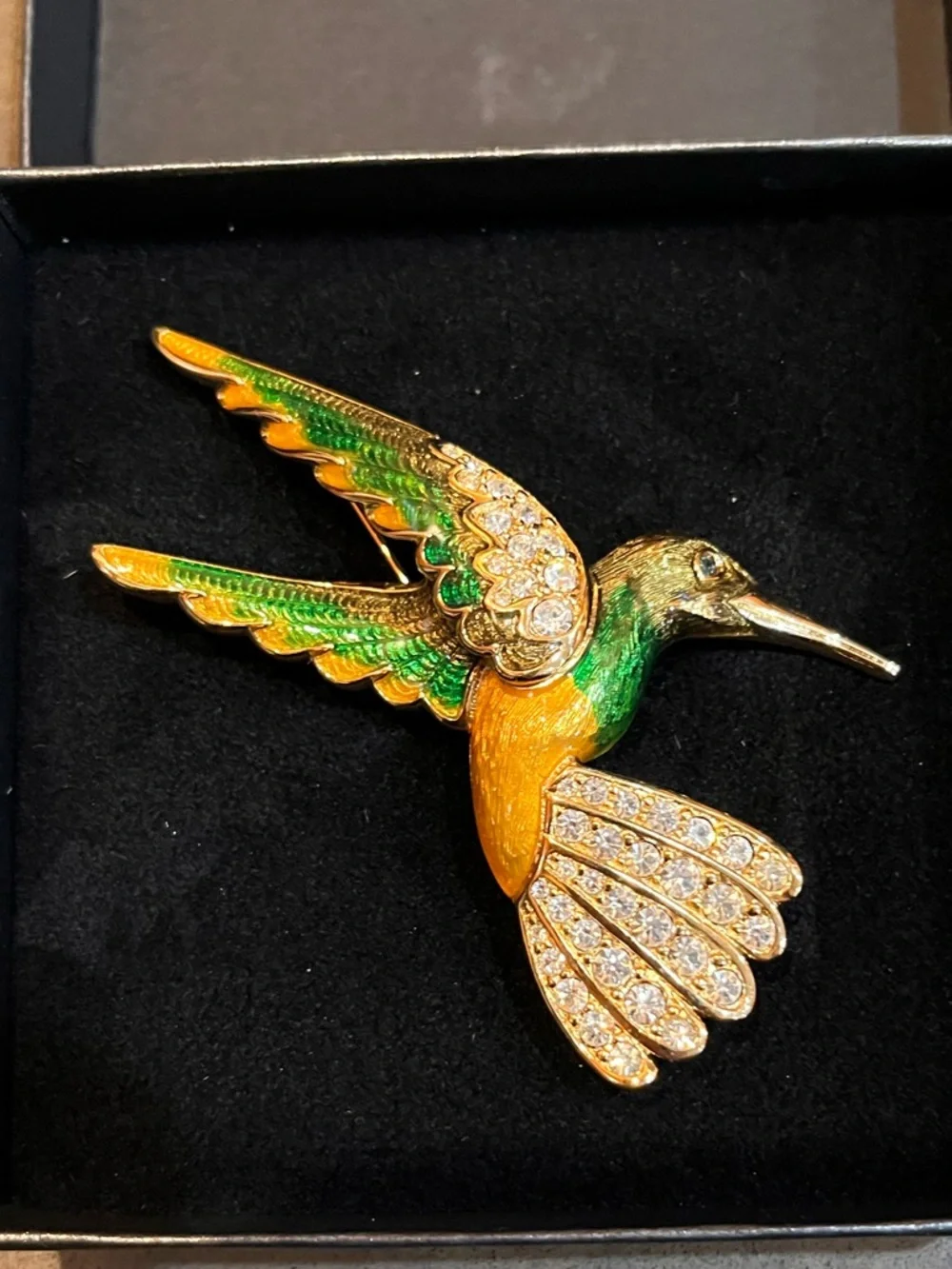 Swarovski Enamel Hummingbird Brooch - Pave Crystal Figural Bird Pin - Signed